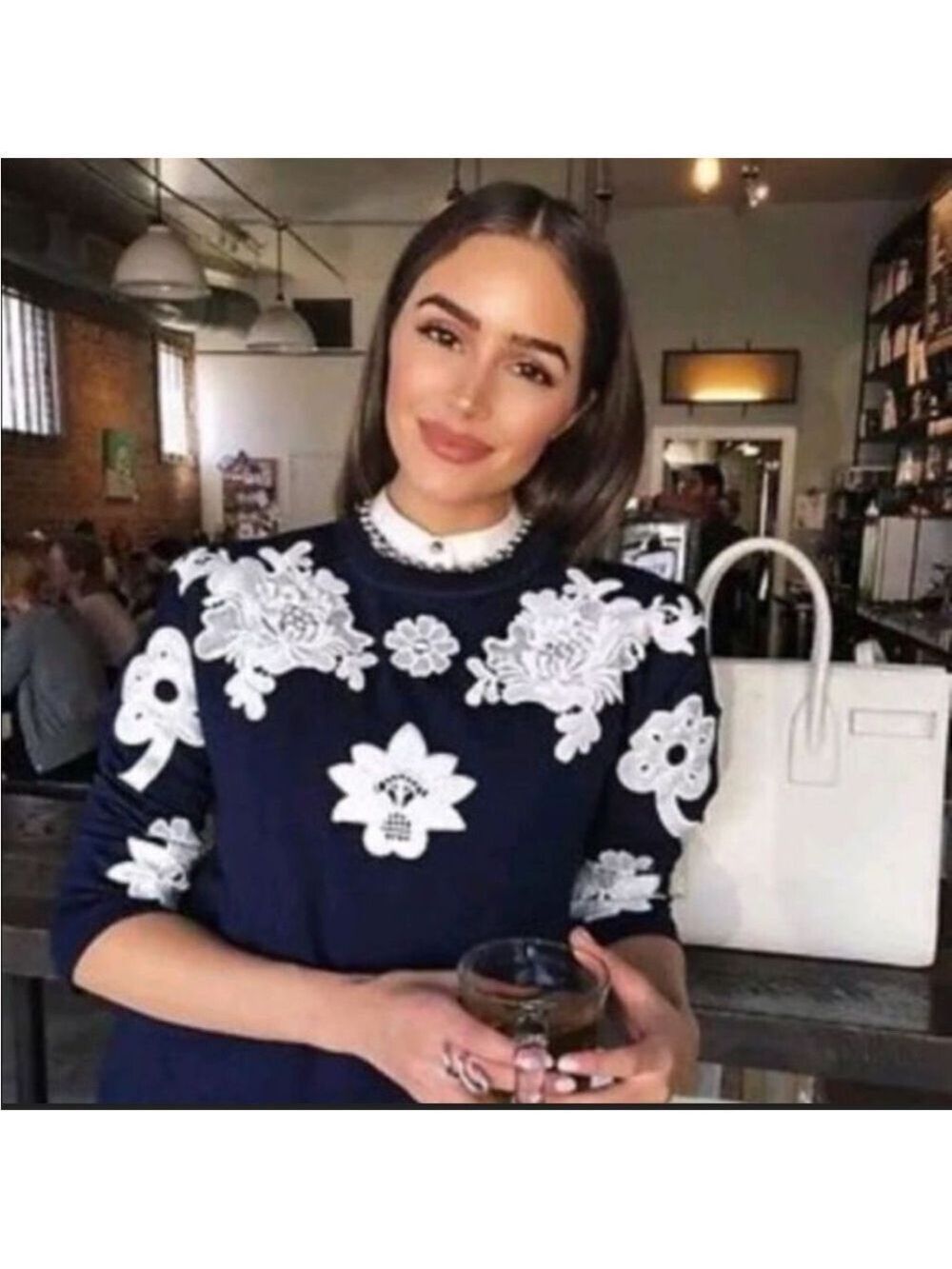 Victoria Beckham for Target Navy Blue Sweater with White Floral Appliqué Size XS